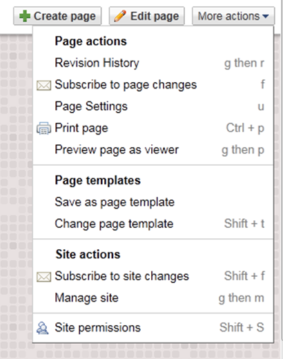 Google sites more actions