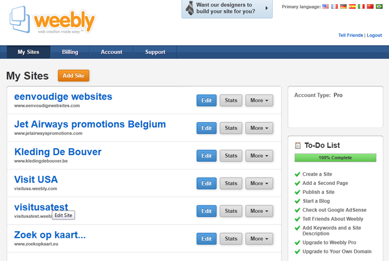 Weebly dashboard (Pro account)